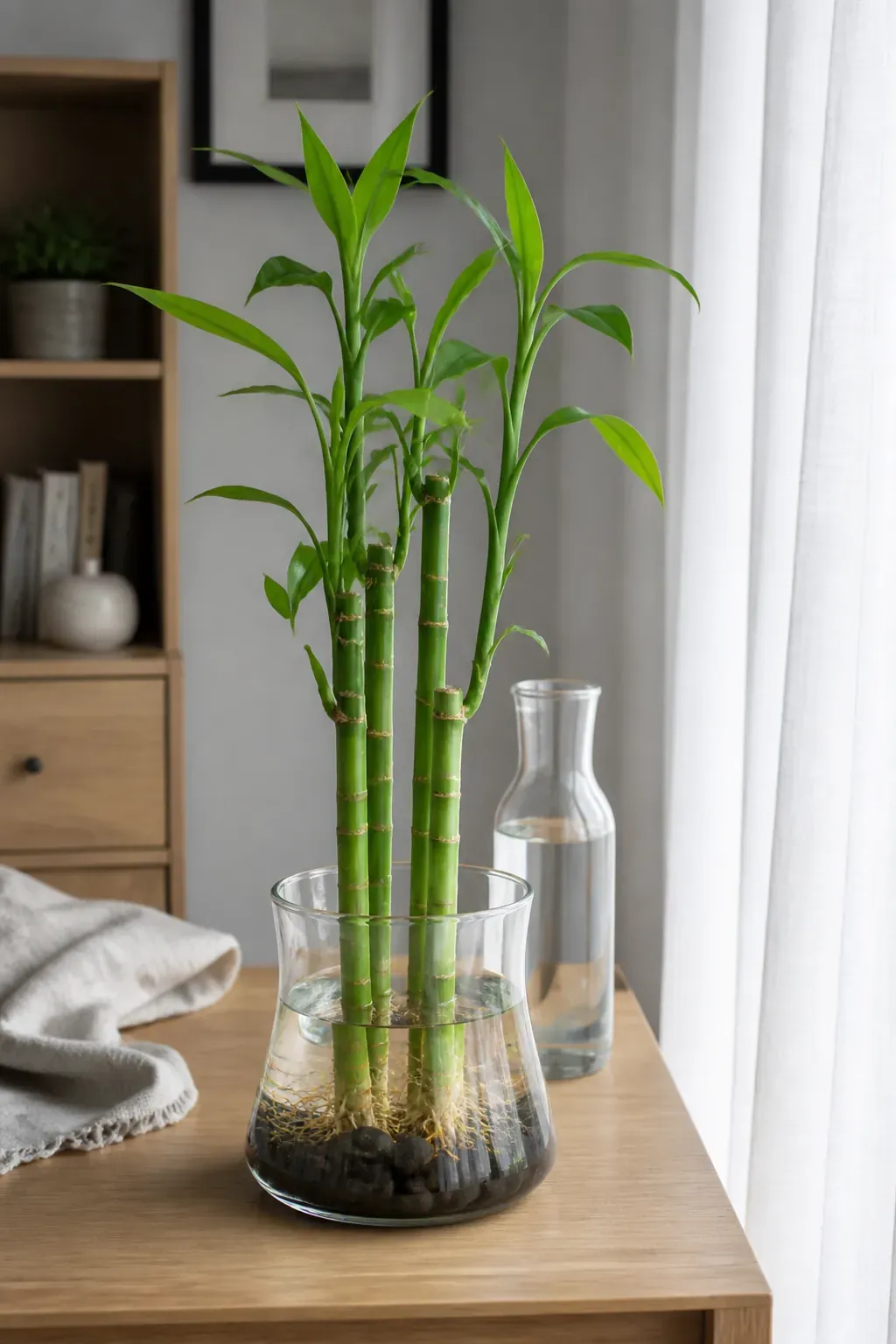 Healthy lucky bamboo growing indoors in bright filtered light