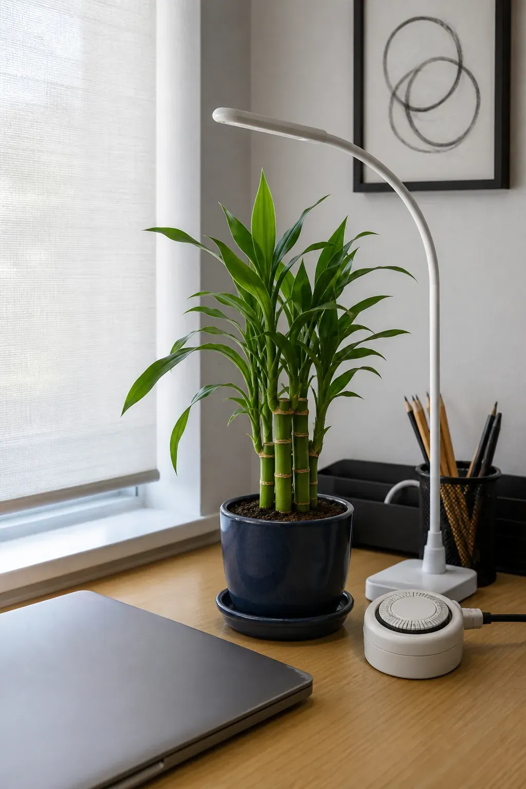 Indoor lucky bamboo growing in filtered window light with an optional plant lamp