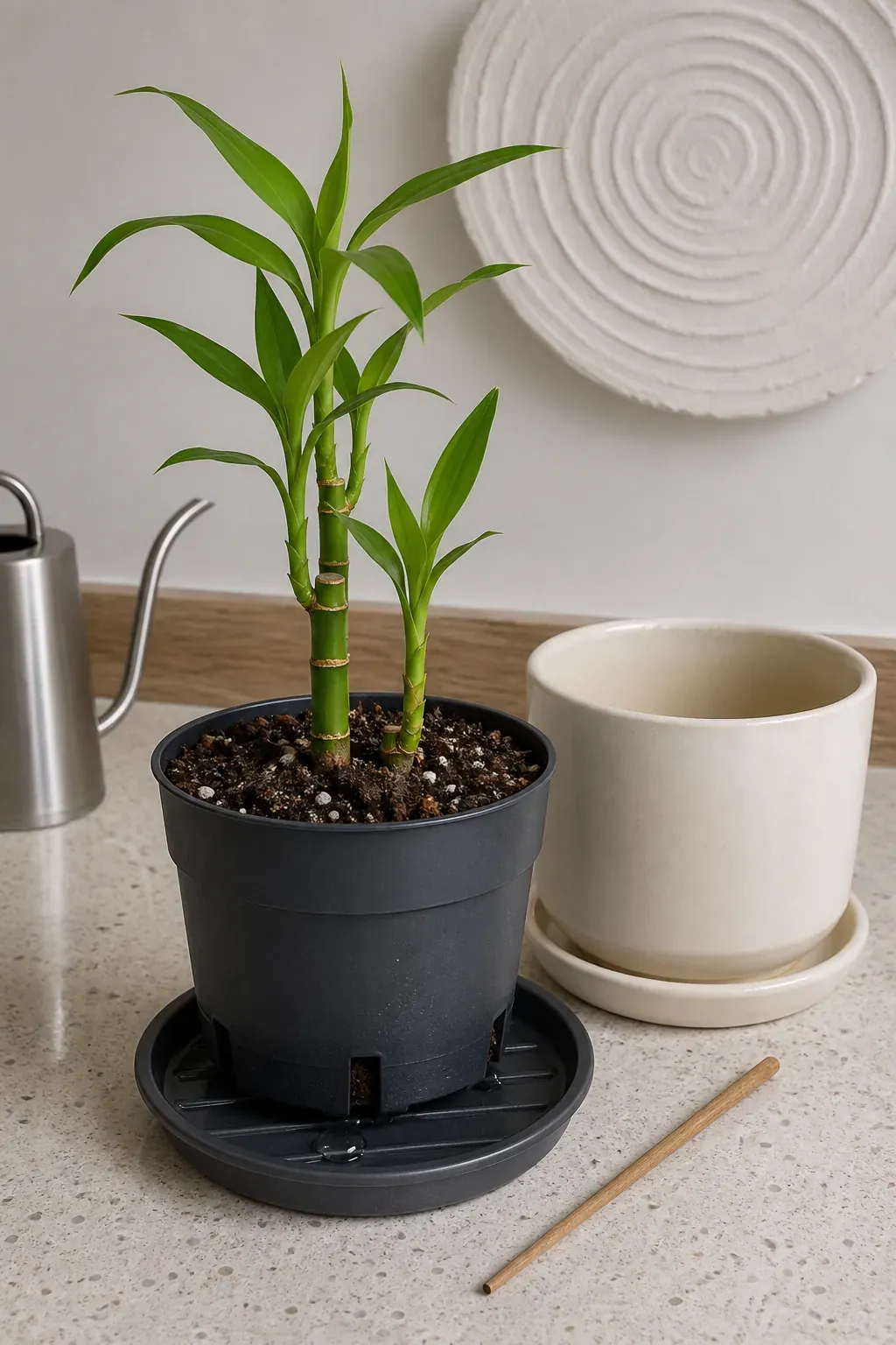 Indoor lucky bamboo in a draining nursery pot inside a decorative cachepot