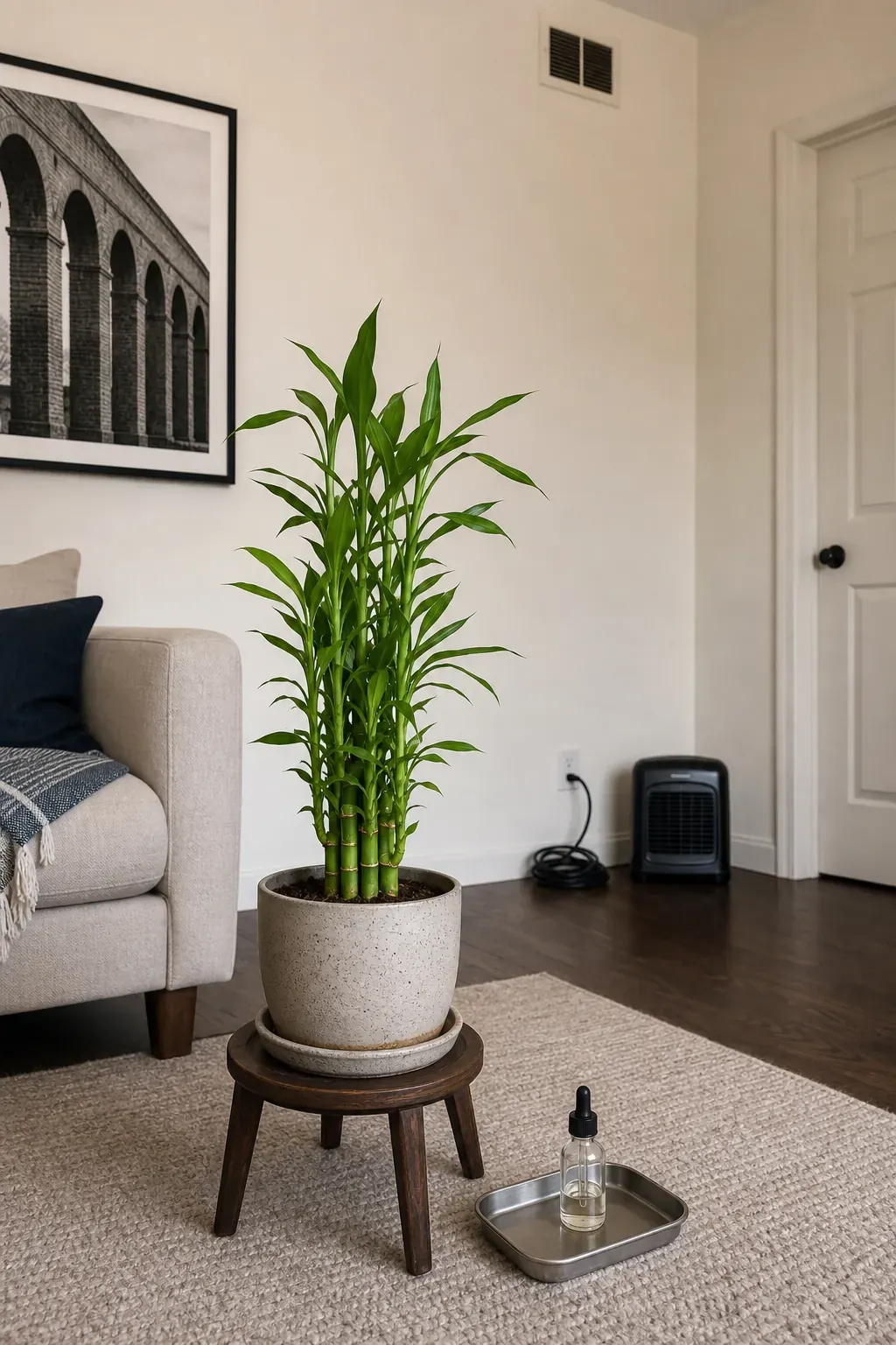 Lucky bamboo kept away from an indoor air vent in stable room conditions