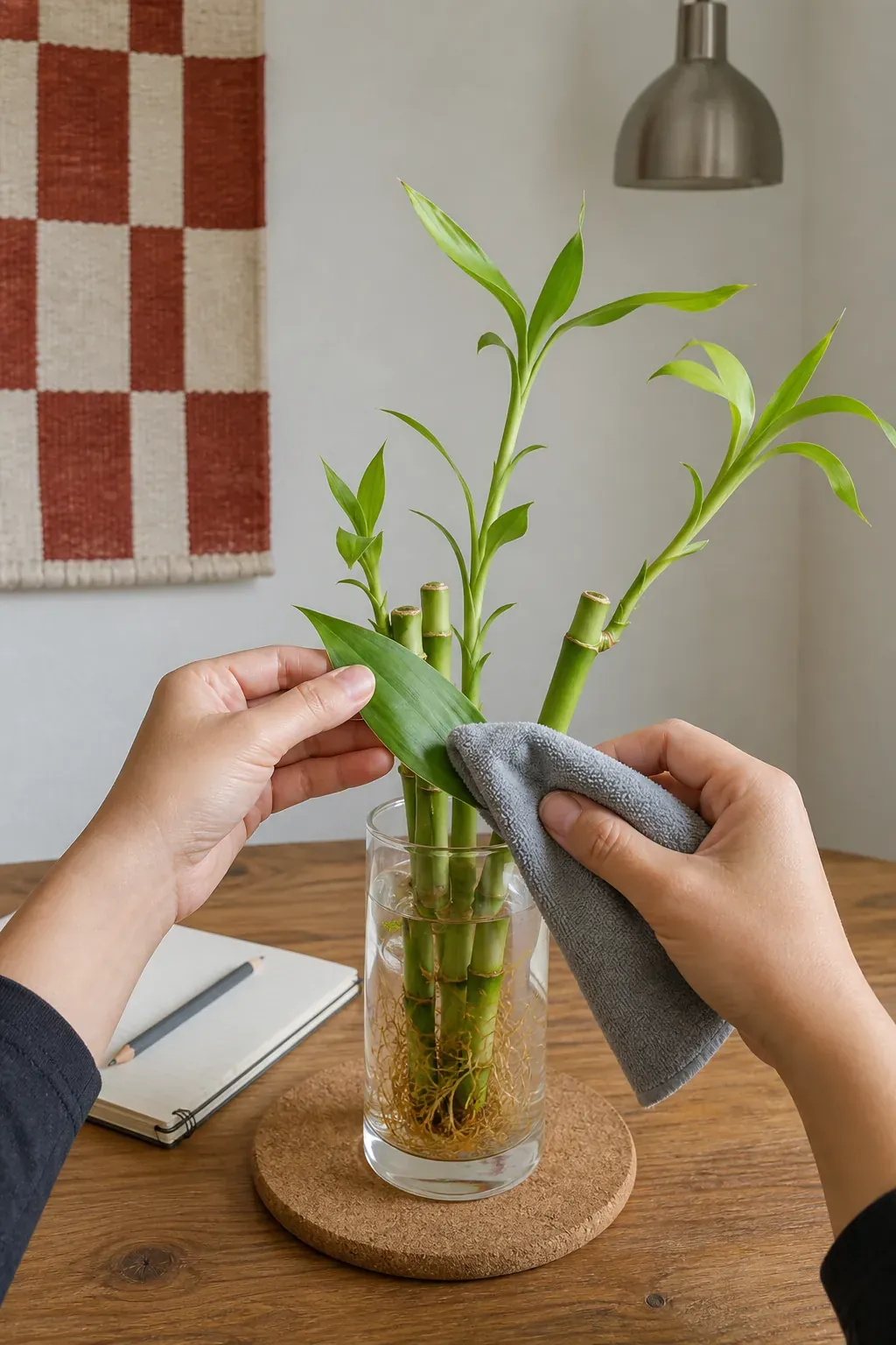 Weekly indoor lucky bamboo care check with clean leaves and firm green canes