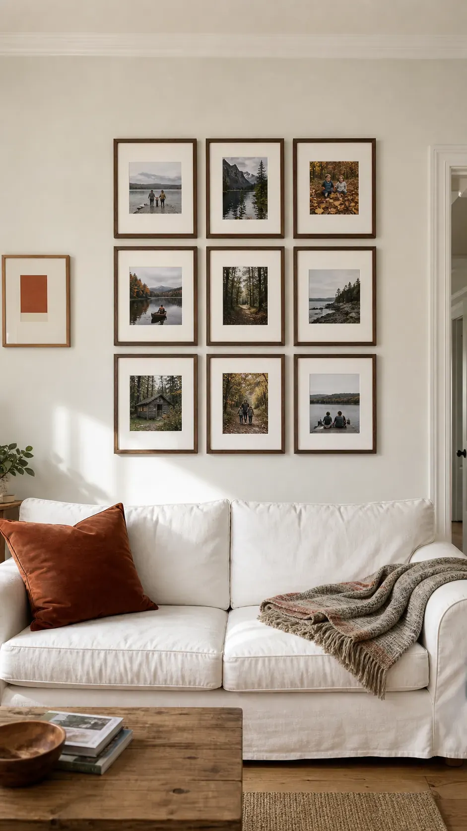 Centered Grid Above a Sofa photo frame wall arrangement
