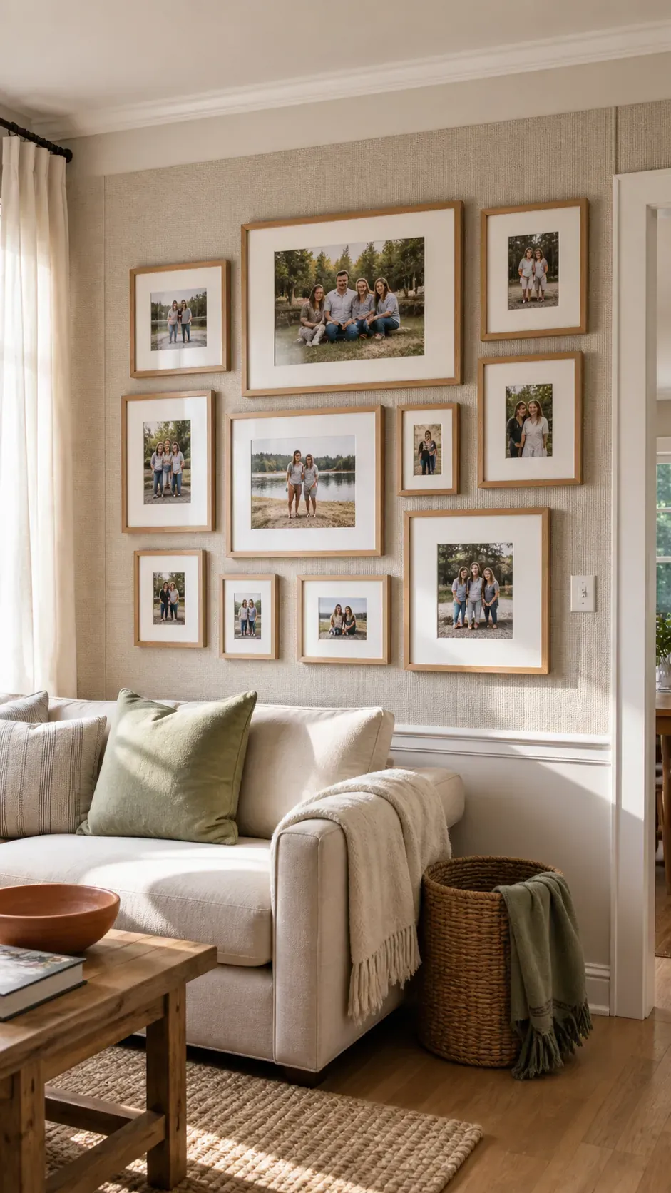 Warm Oak Family Gallery photo frame wall arrangement