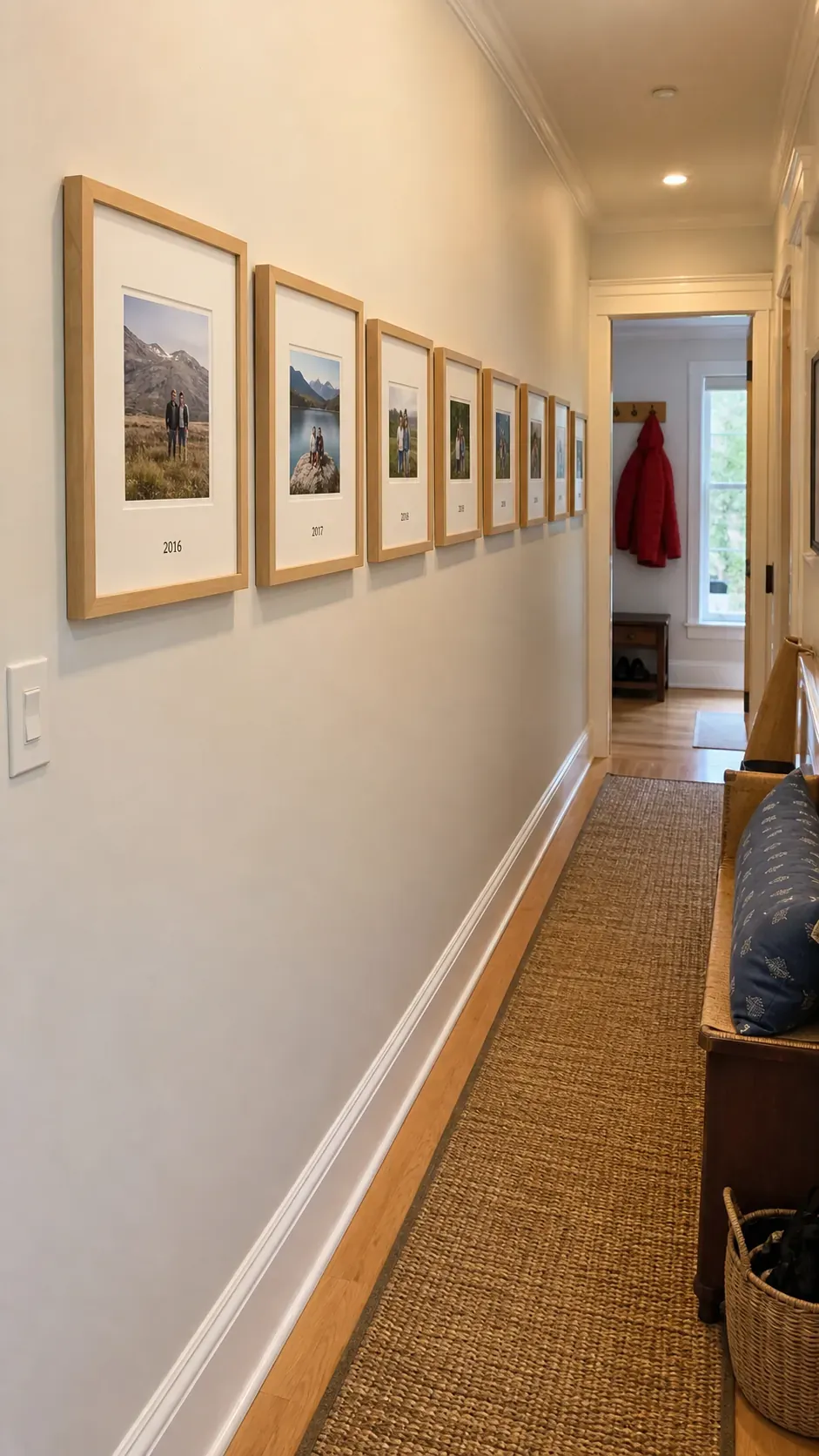 Hallway Timeline photo frame wall arrangement