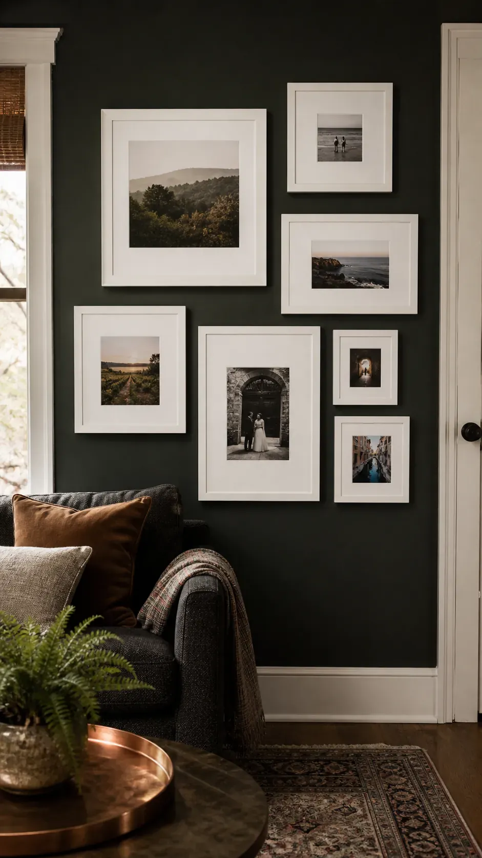 White Frames on Deep Paint photo frame wall arrangement