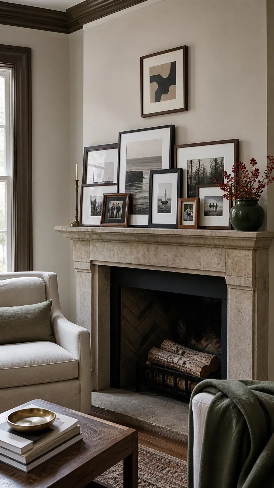 Mantel Layered Frames photo frame wall arrangement