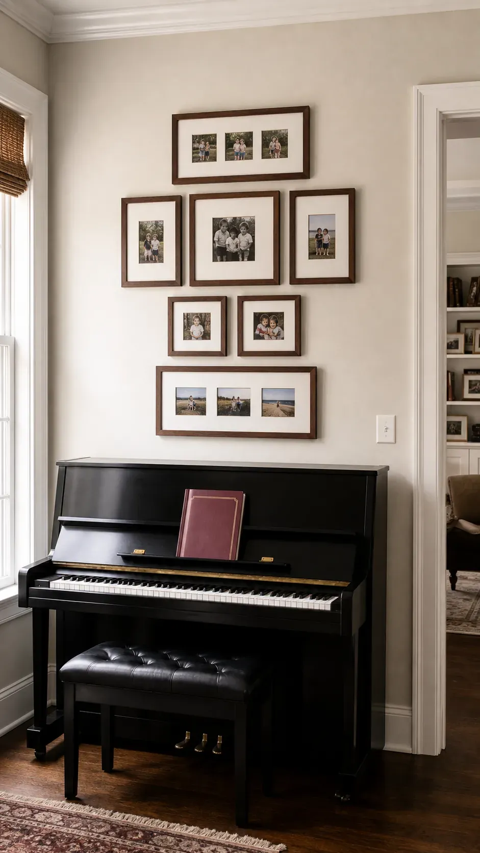 Above Piano Photo Composition photo frame wall arrangement