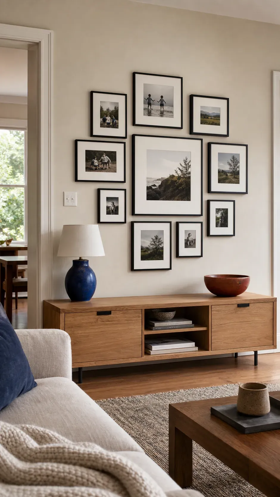 Low Console Balanced Cluster photo frame wall arrangement