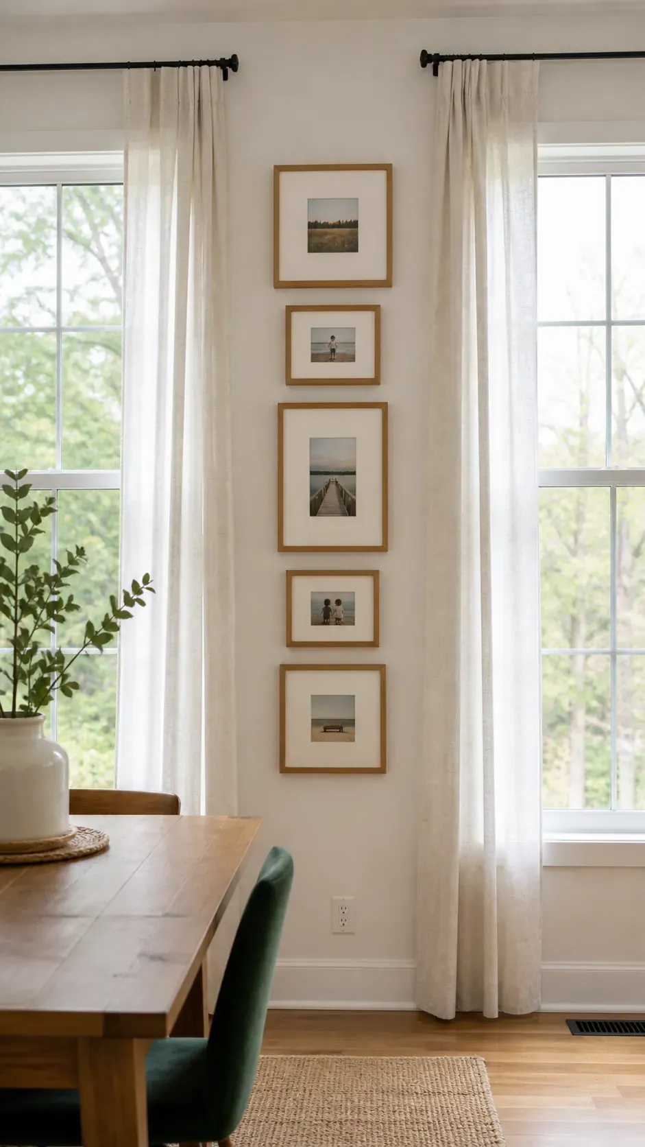 Vertical Strip Between Windows photo frame wall arrangement