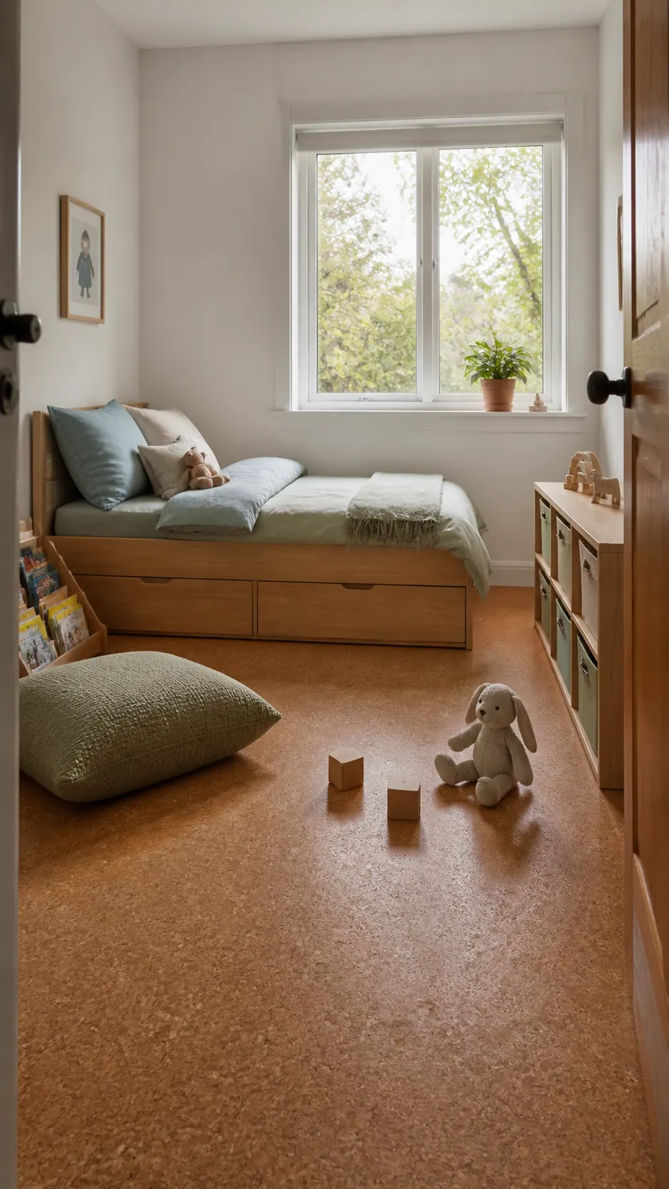 Very small kids bedroom with smart storage and open play space