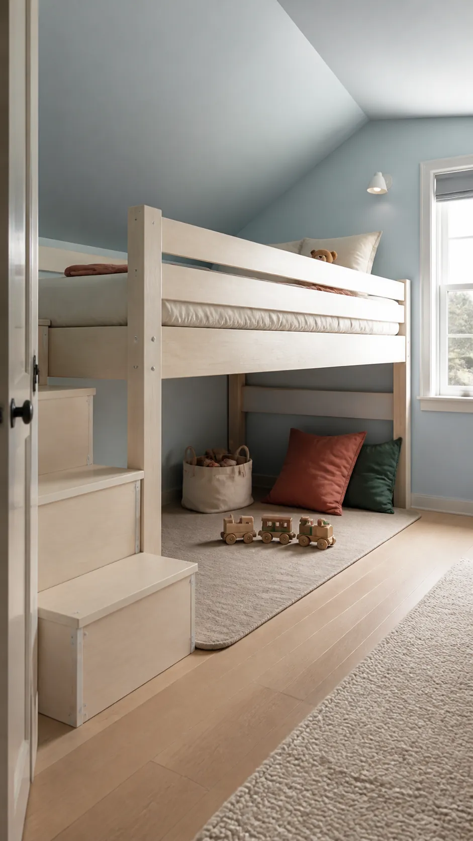 Low loft bed creating play space in a tiny kids room