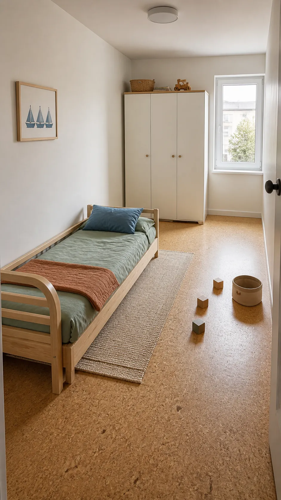 Very small kids bedroom with bed along one wall