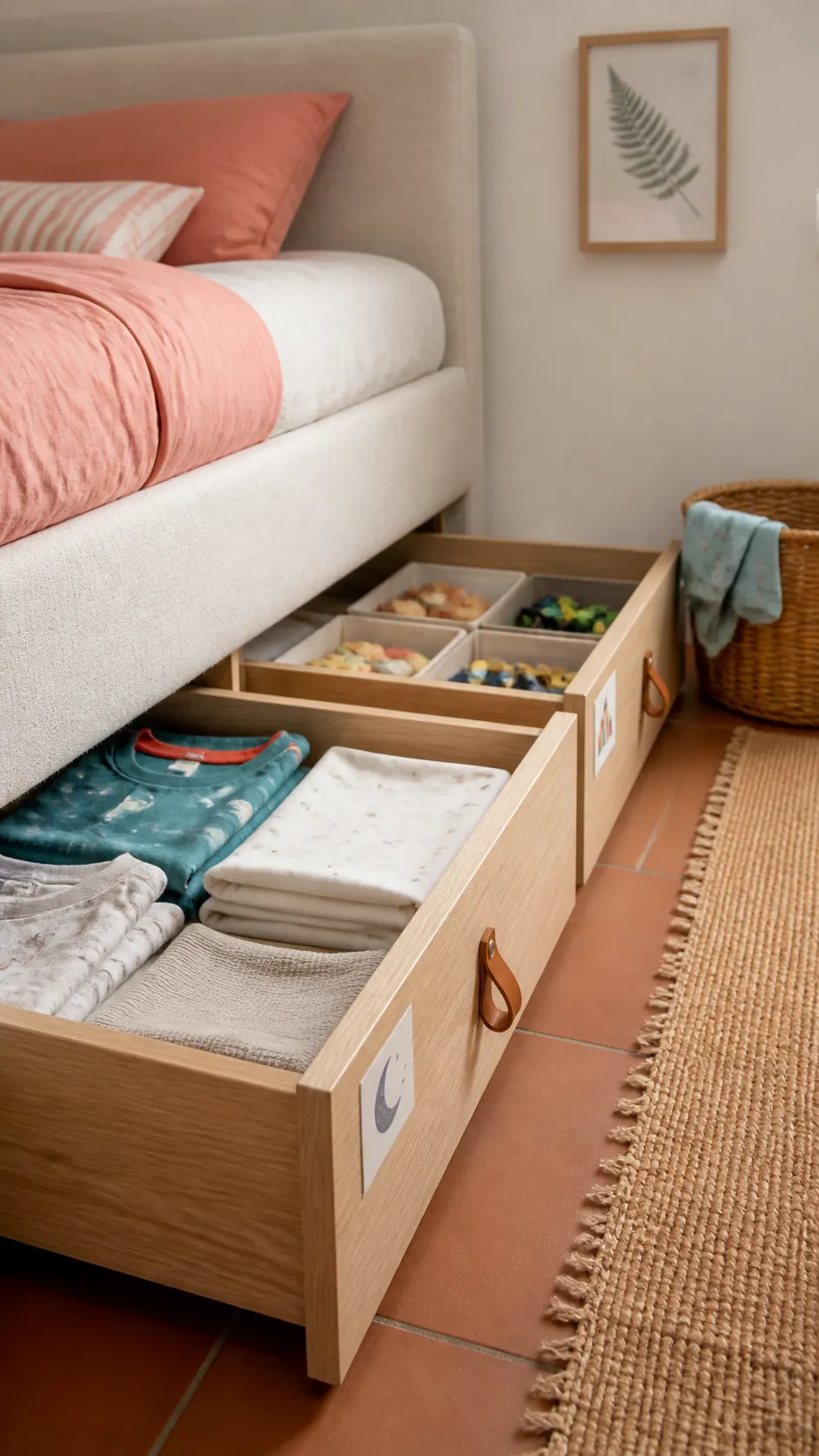 Underbed drawers in a simple small toddler bedroom