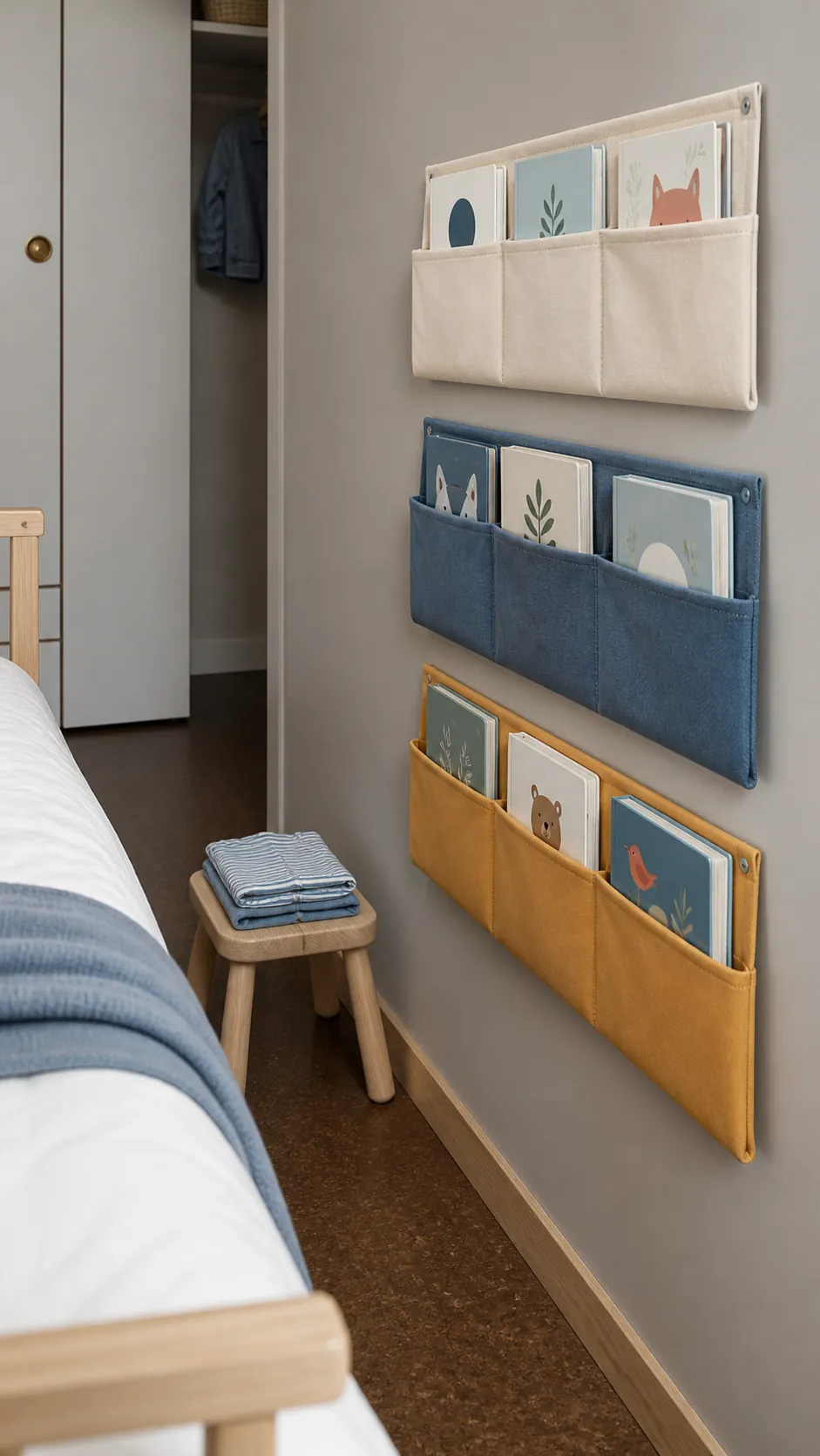 Fabric book pockets for a small kids bedroom layout