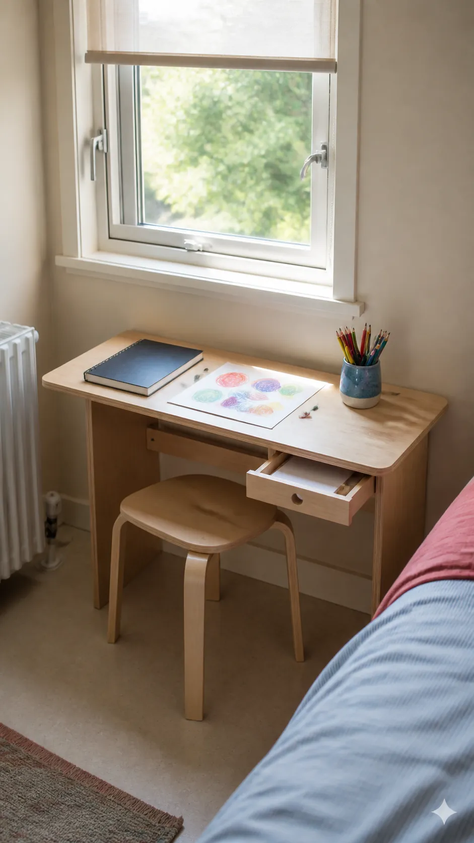 Compact window desk in a kids room design small space
