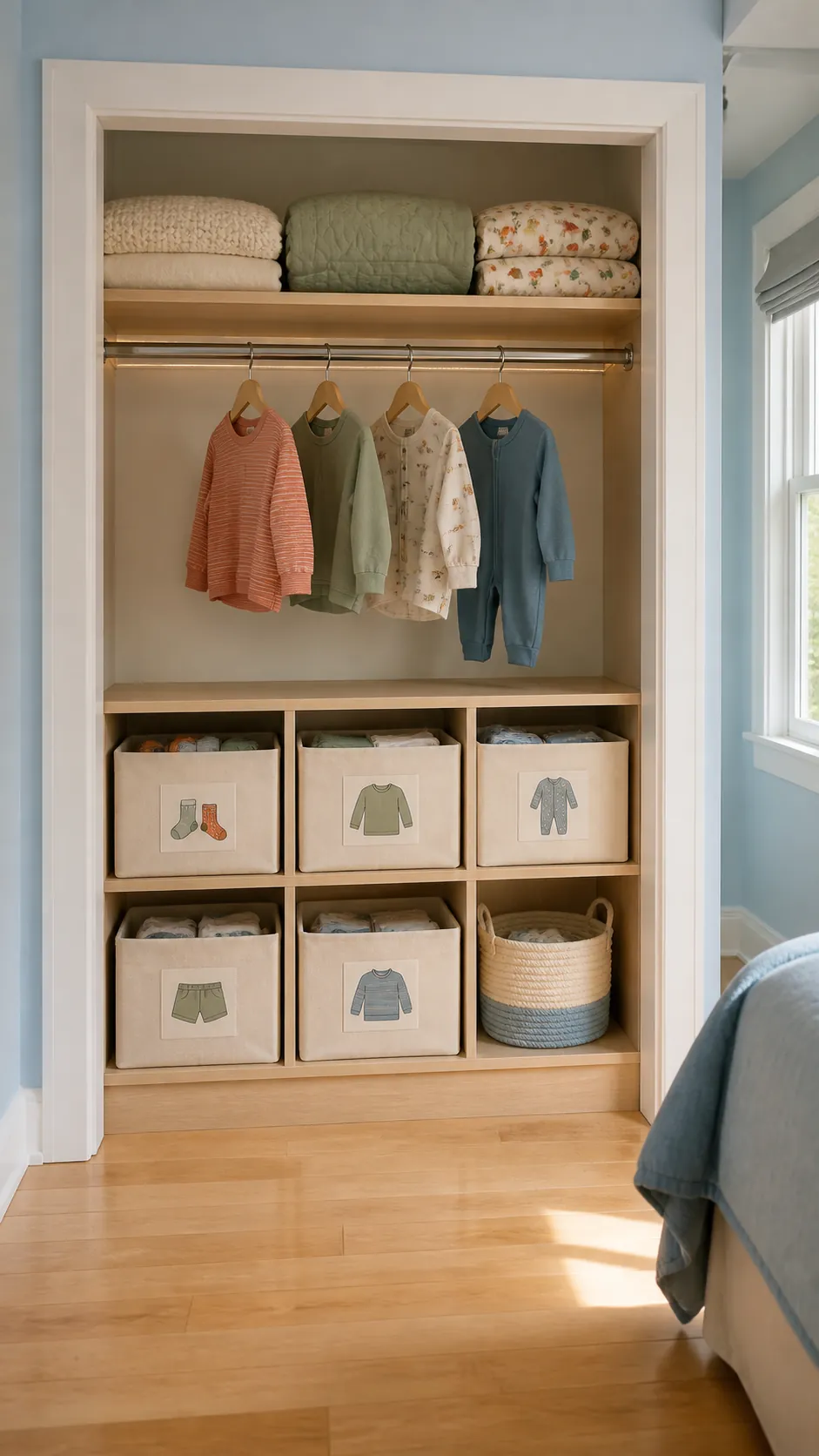 Closet bins replacing a dresser in a small toddler bedroom