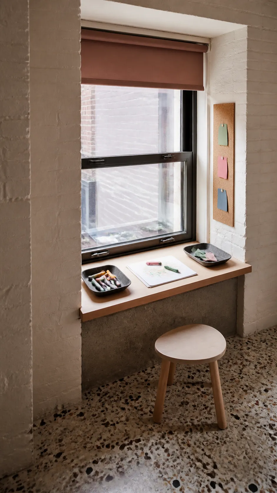 Deep window sill worktop in a tiny kids bedroom