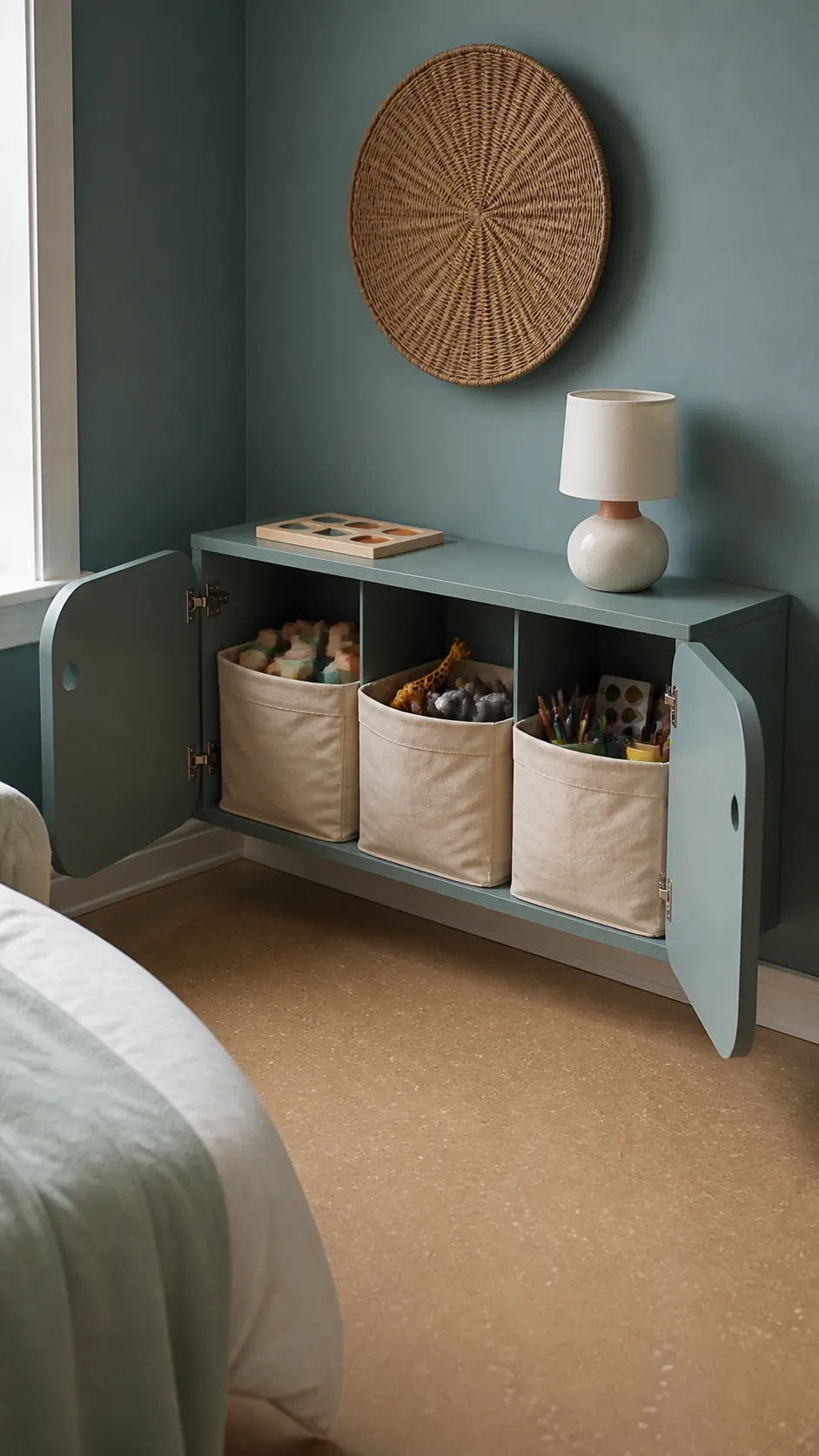 Shallow toy cabinet in a small kids bedroom