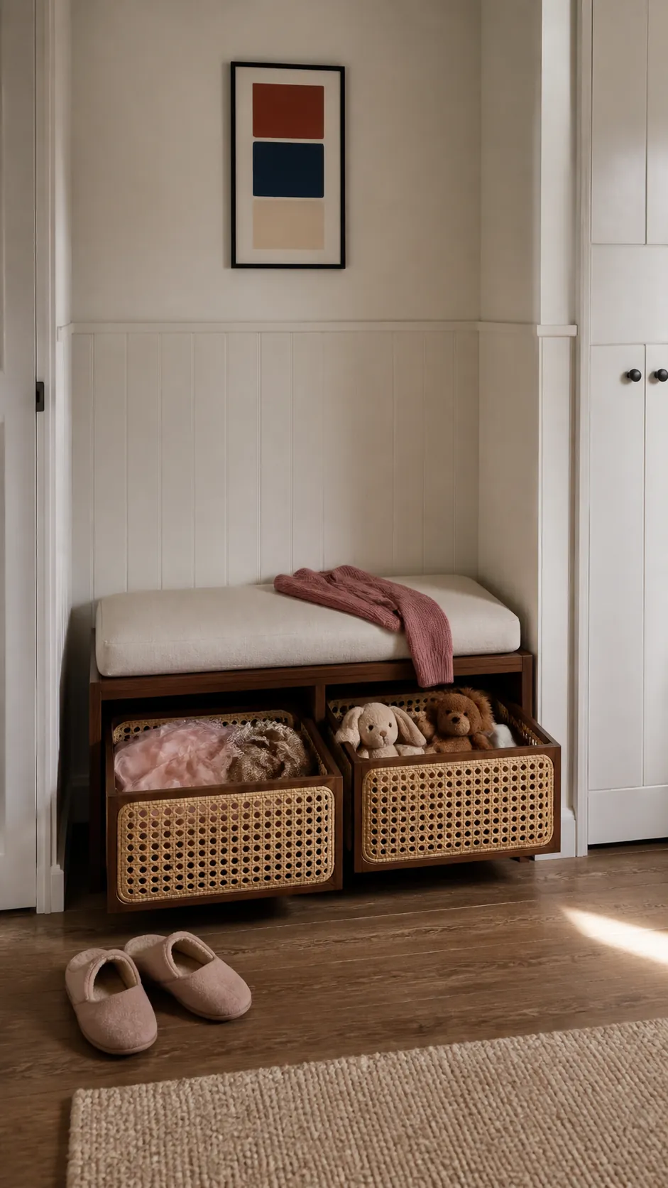 Storage bench in a very small children bedroom