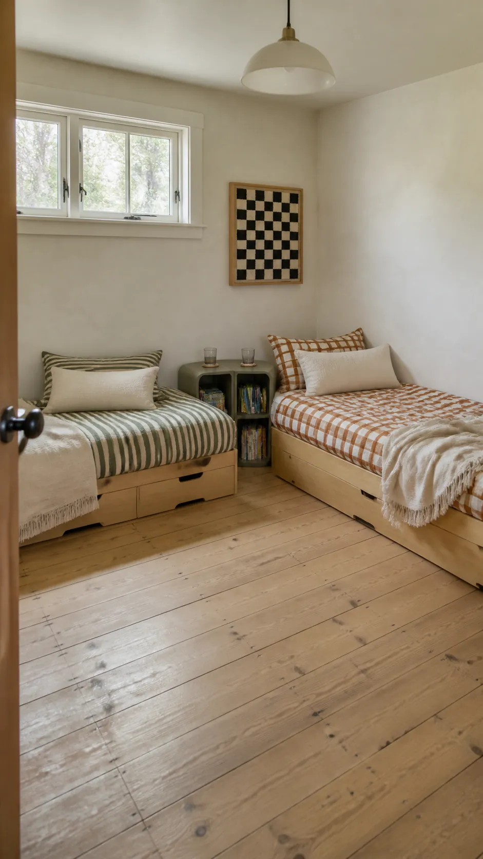 L shaped beds in a small room for two kids