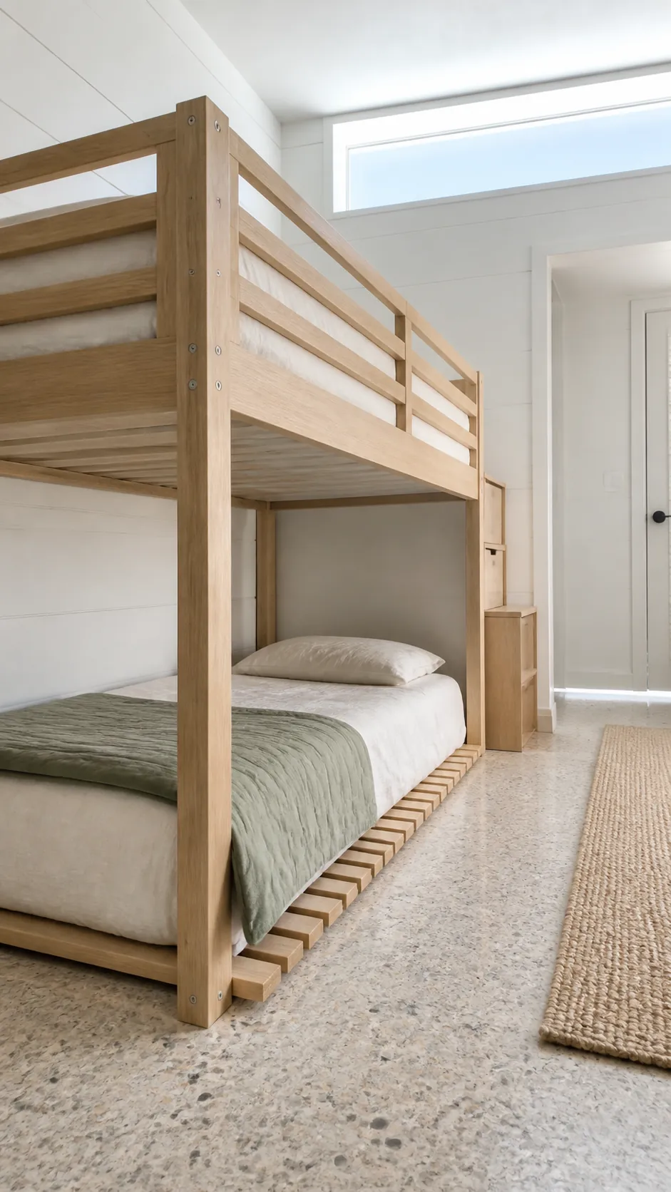 Floor bed beneath low loft in a small children room