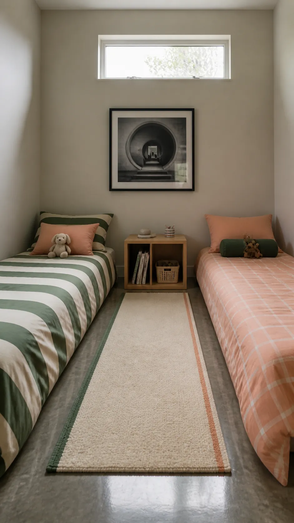 Two bedding zones in a small shared kids room
