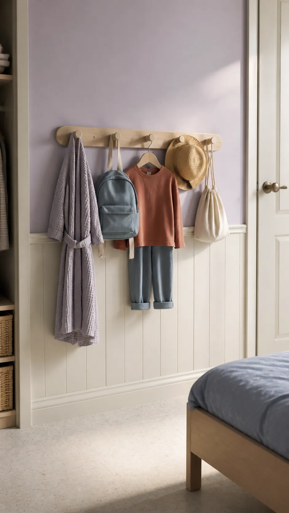 Child height peg rail in a simple kids bedroom