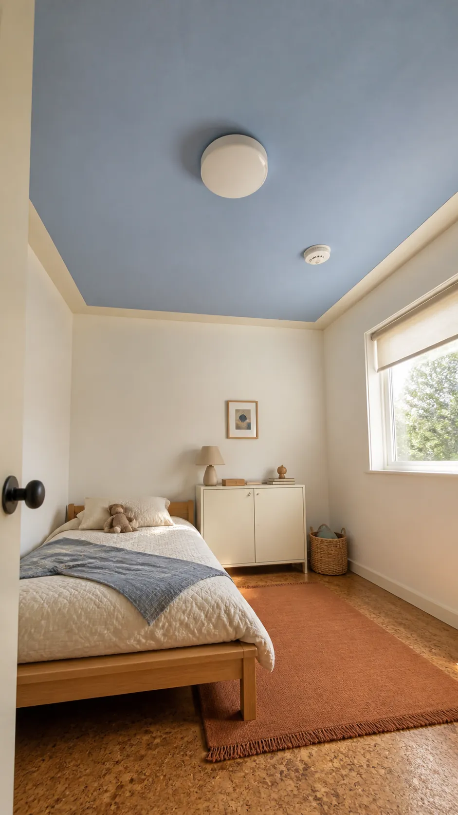 Playful painted ceiling in a tiny kids bedroom