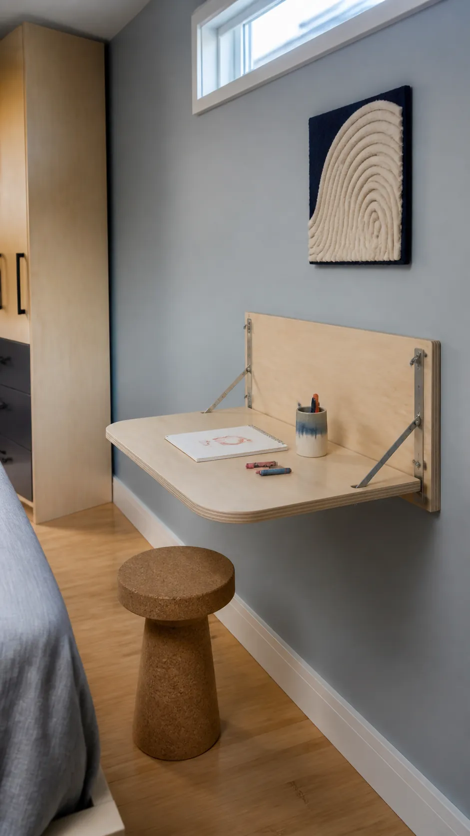 Folding wall desk in a very small kids bedroom