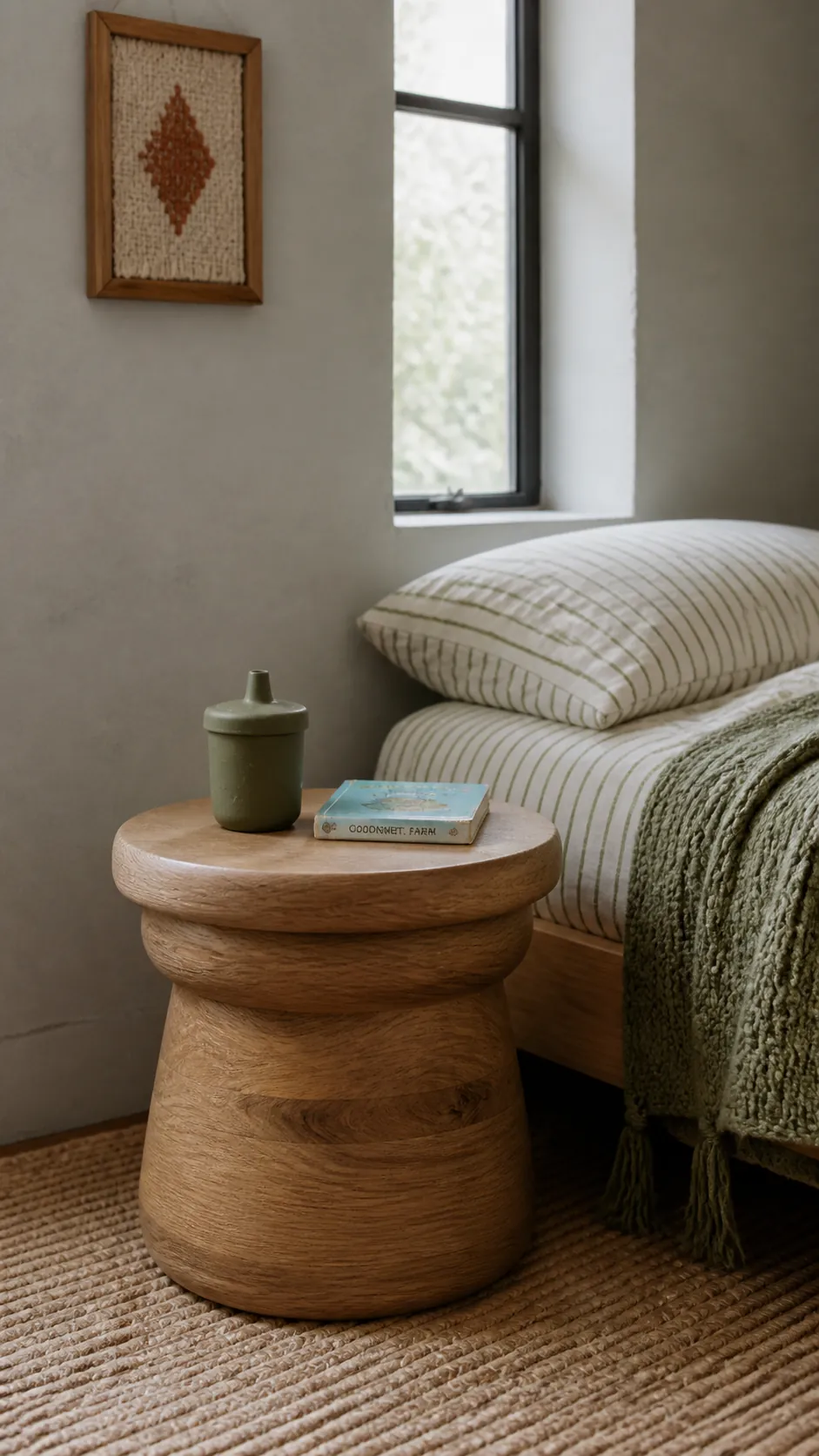 Round stool used beside a bed in a tiny kids room