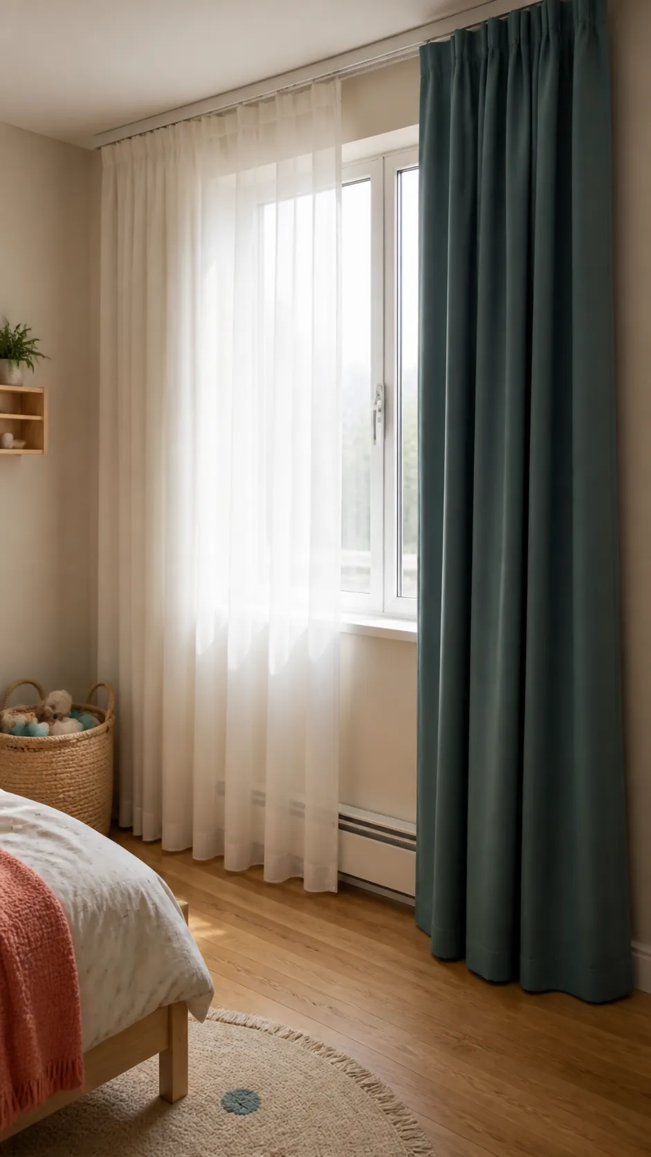 Layered curtains in a small toddler bedroom