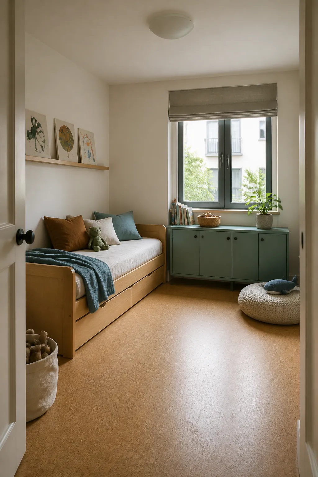 Small kids bedroom with adaptable decor and clear floor space