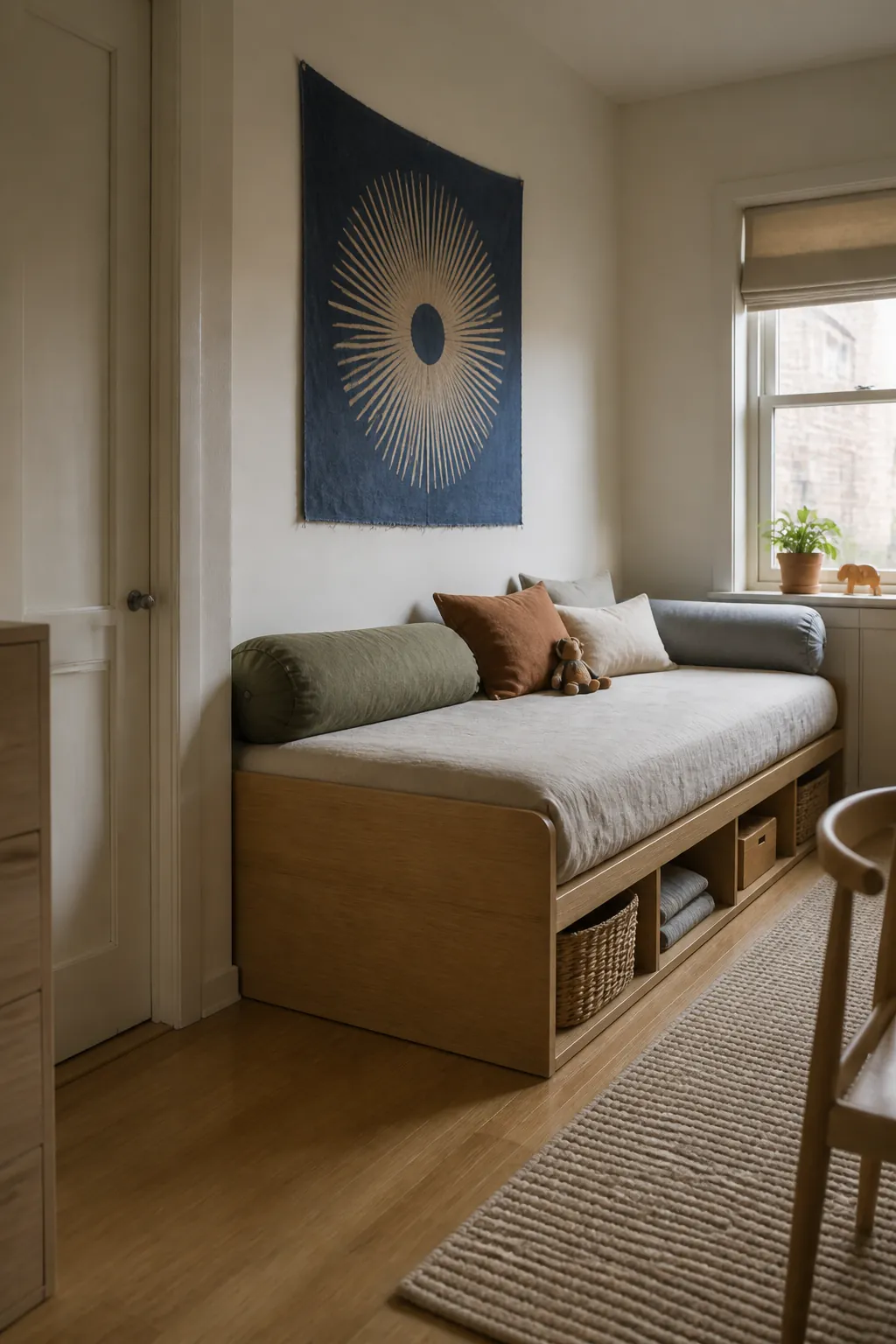 Long wall daybed in a small children bedroom