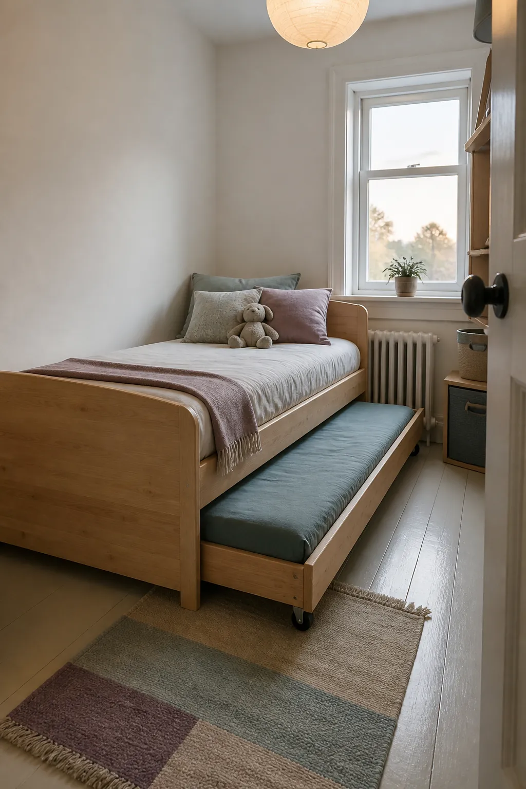 Compact trundle bed in a small kids room