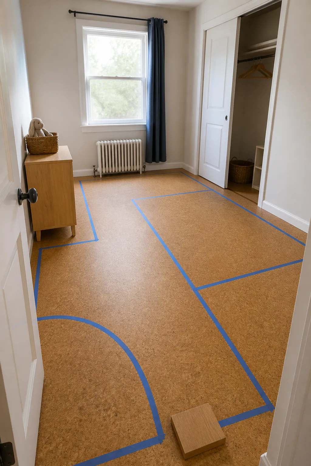 Taped furniture layout in a small kids bedroom