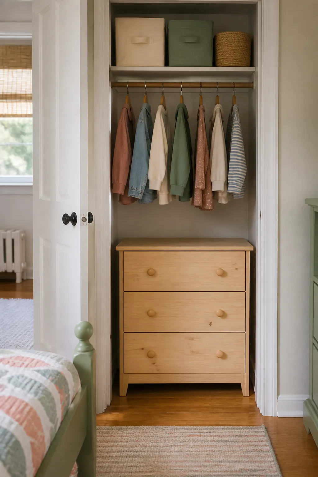 Dresser inside a closet in a small kids bedroom