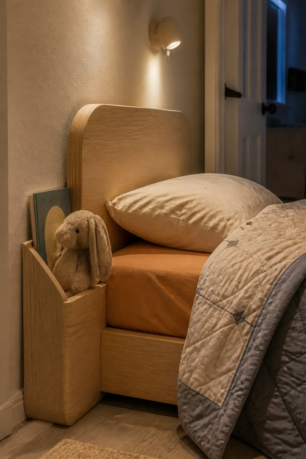 Headboard book slot in a small toddler bedroom