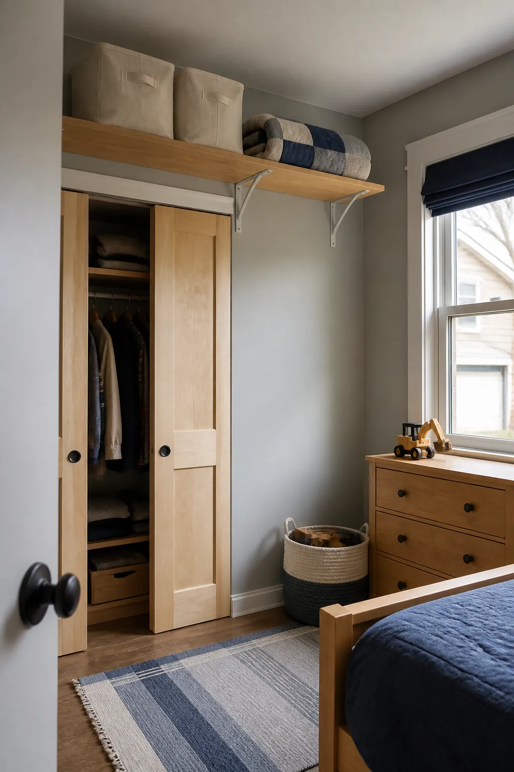 High seasonal storage shelf in a small children room