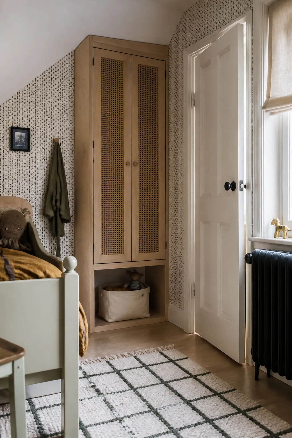 Tall corner cabinet in a kids room design small space