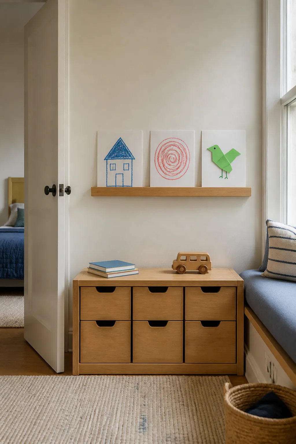 Child art picture rail in a small kids bedroom