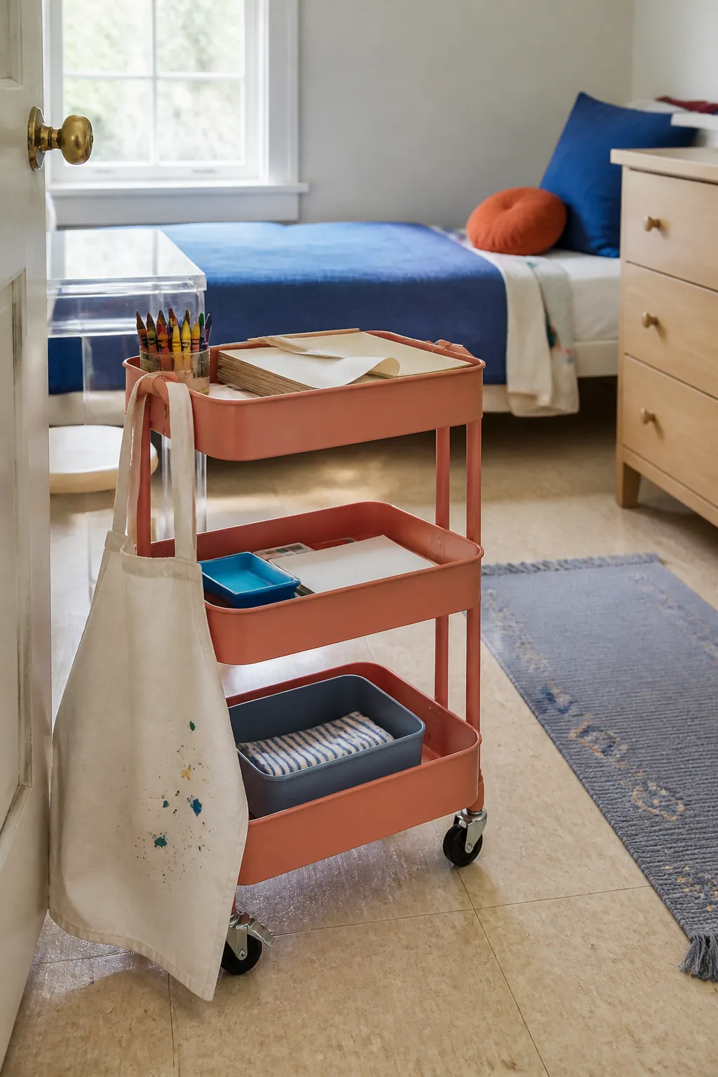 Rolling art cart in a simple kids room
