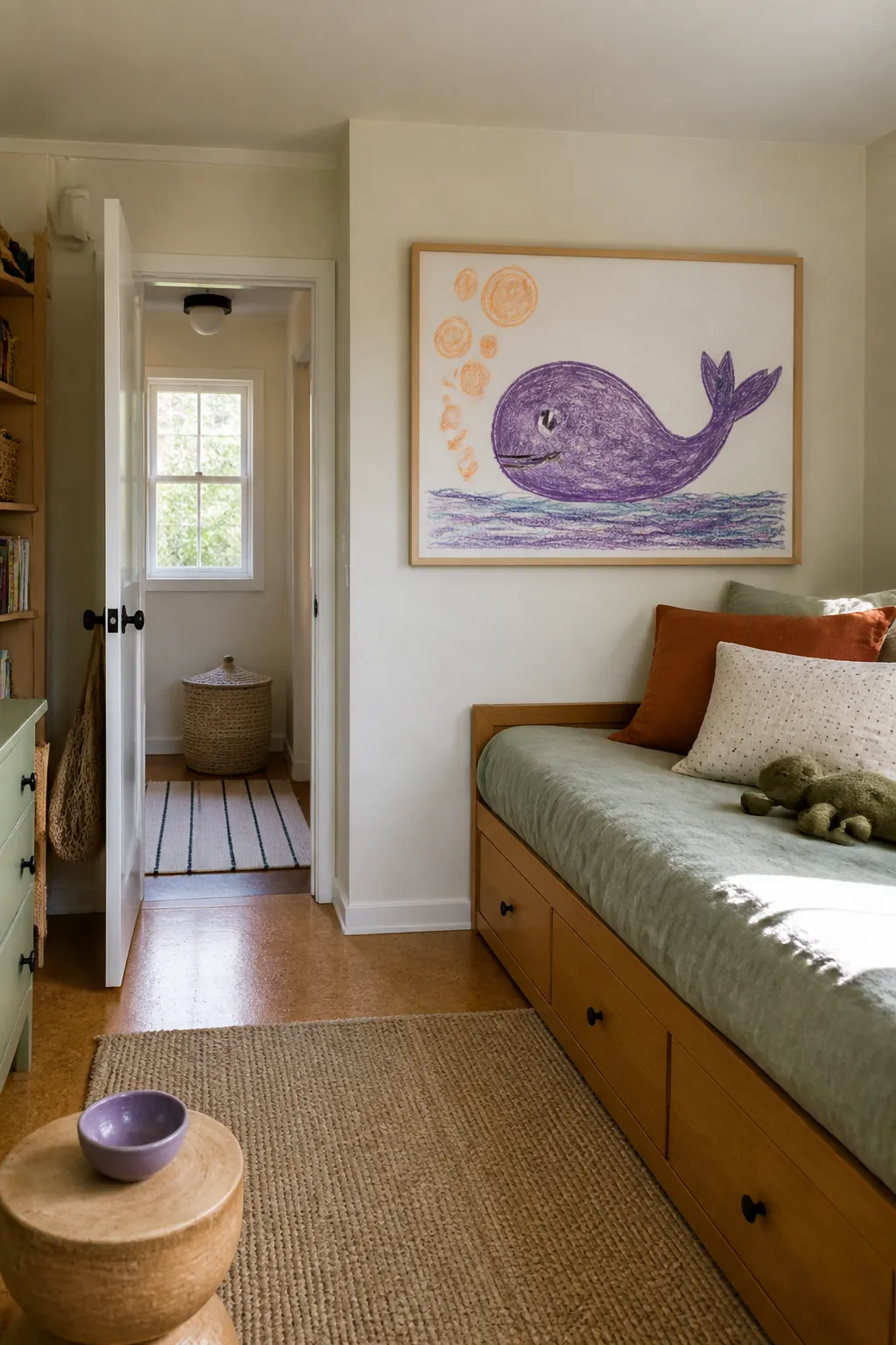 Oversized child drawing decorating a small bedroom