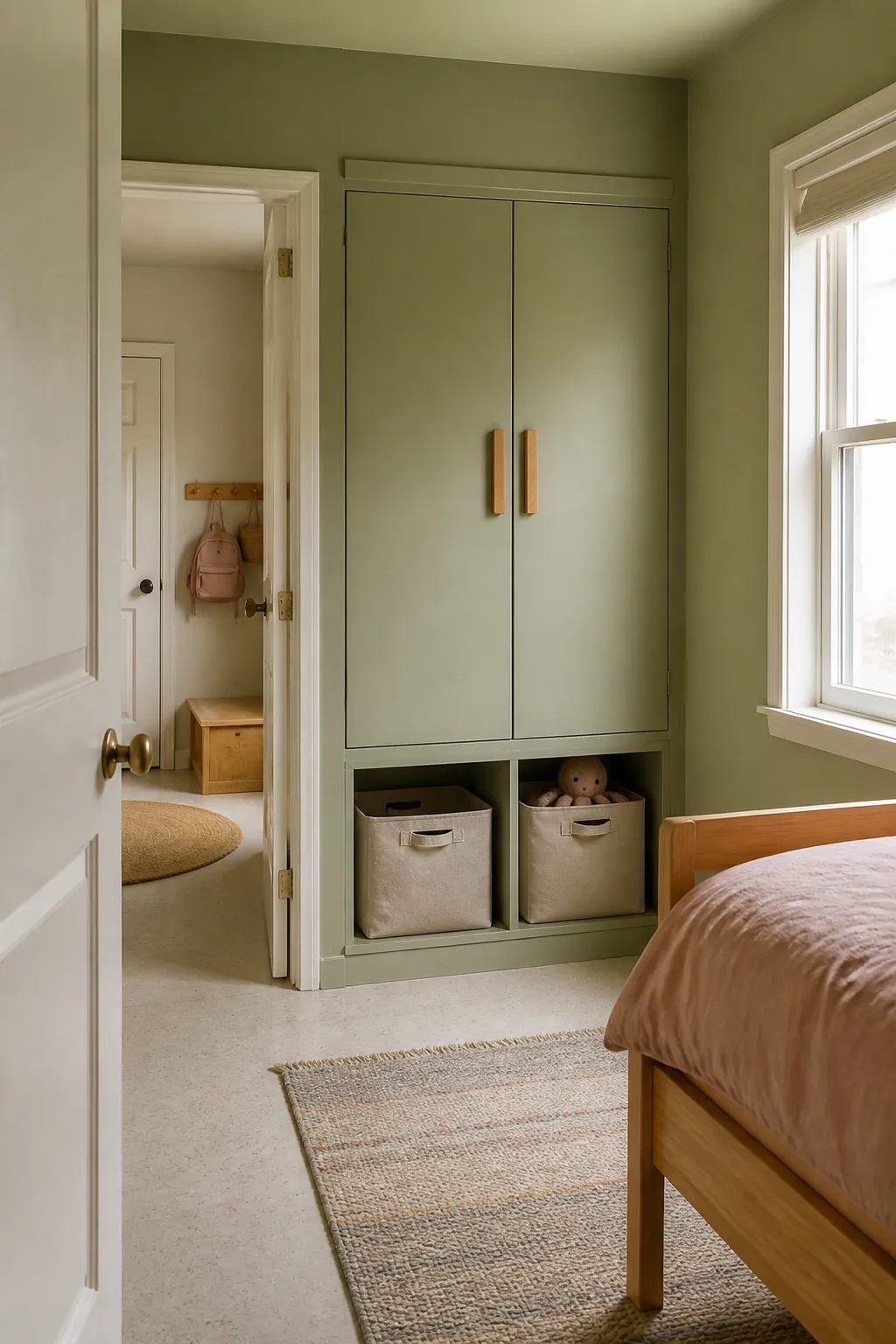 Color matched storage in a small kids bedroom