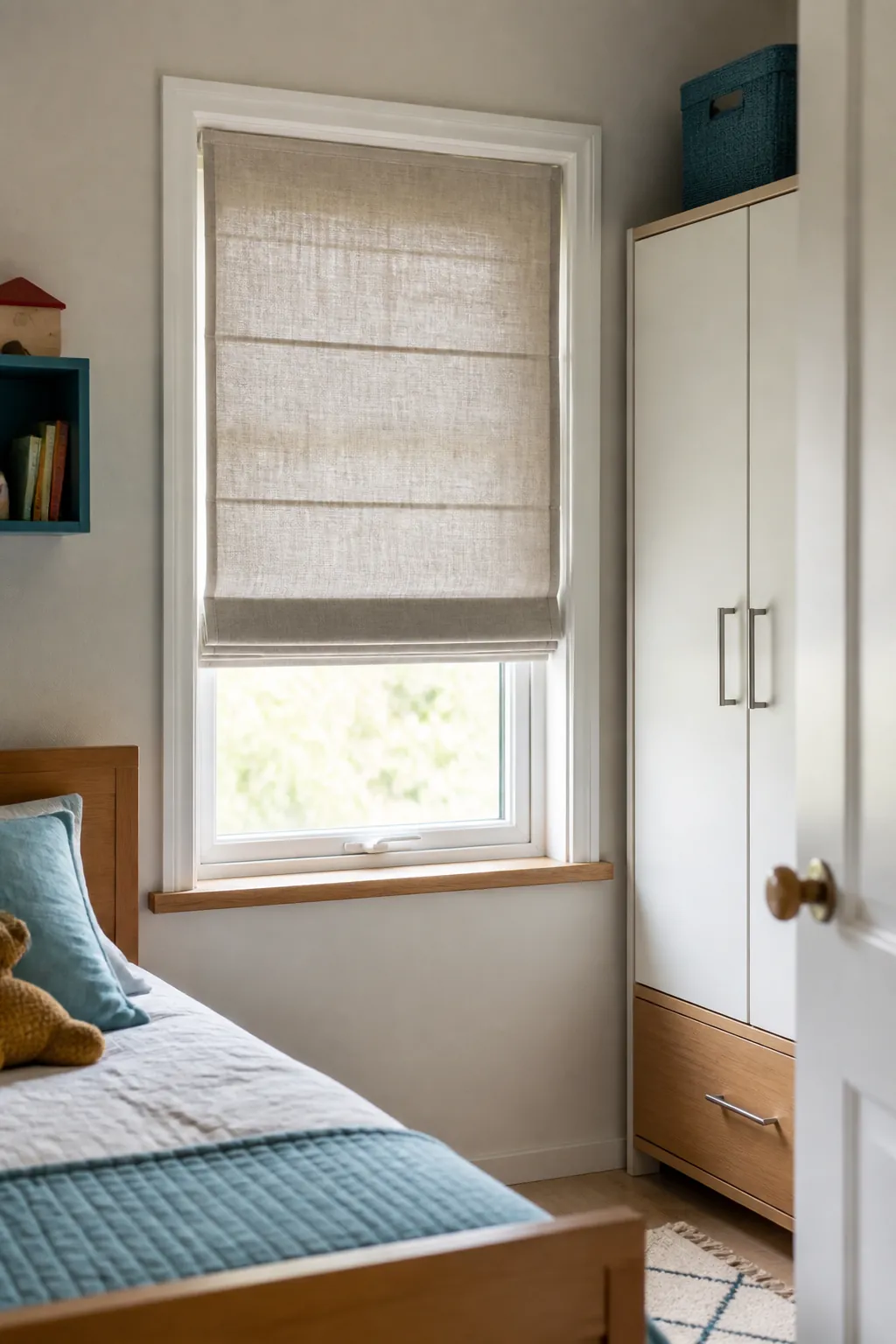 Compact Roman shade in a small kids bedroom