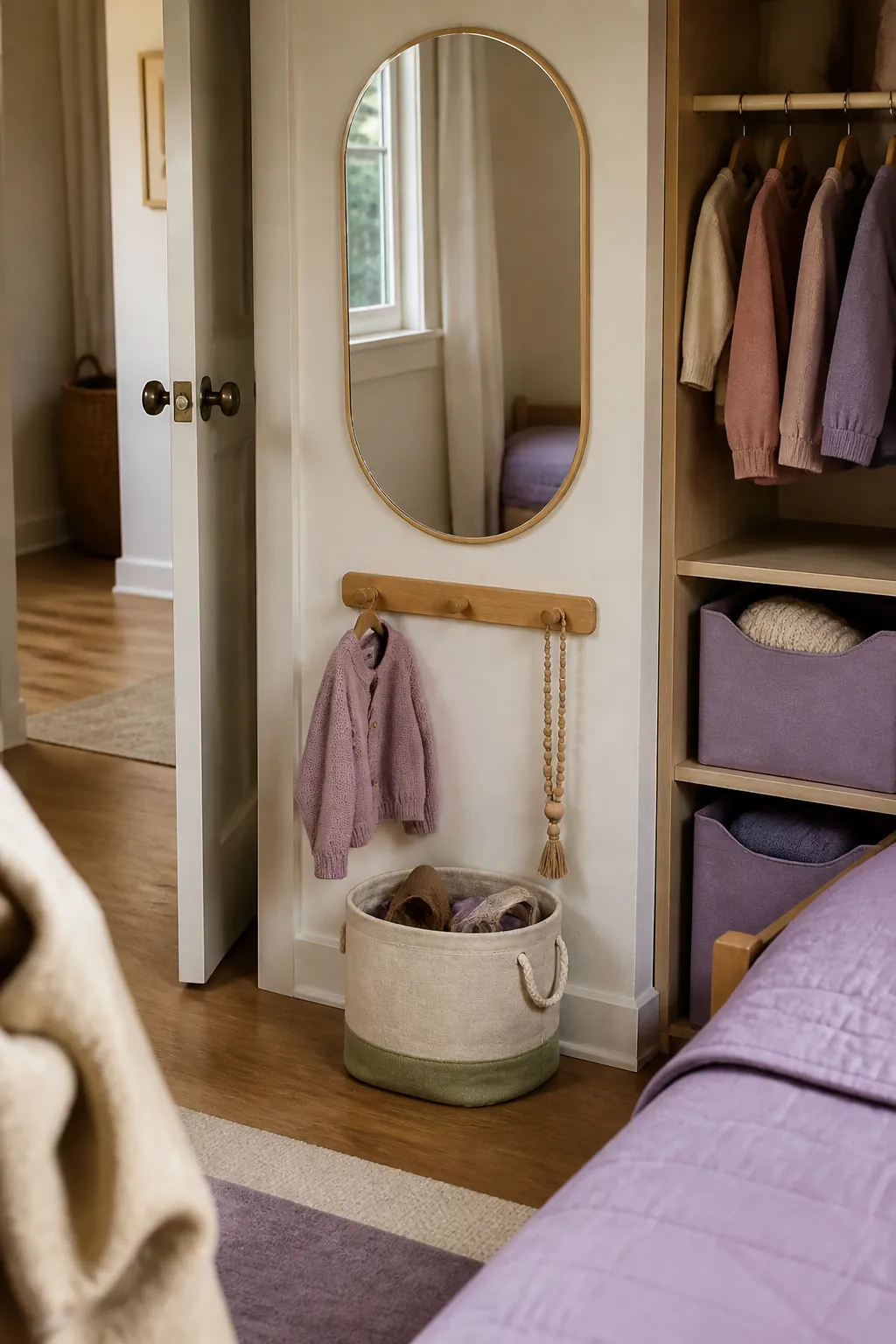 Safe dressing mirror in a small toddler bedroom