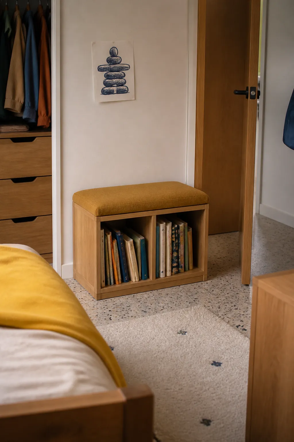 Cushioned low cube seat in a small children room