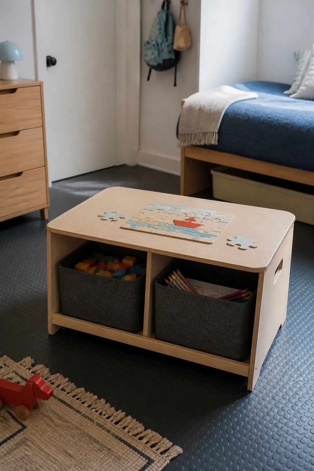 Compact play table with bins in a small kids room