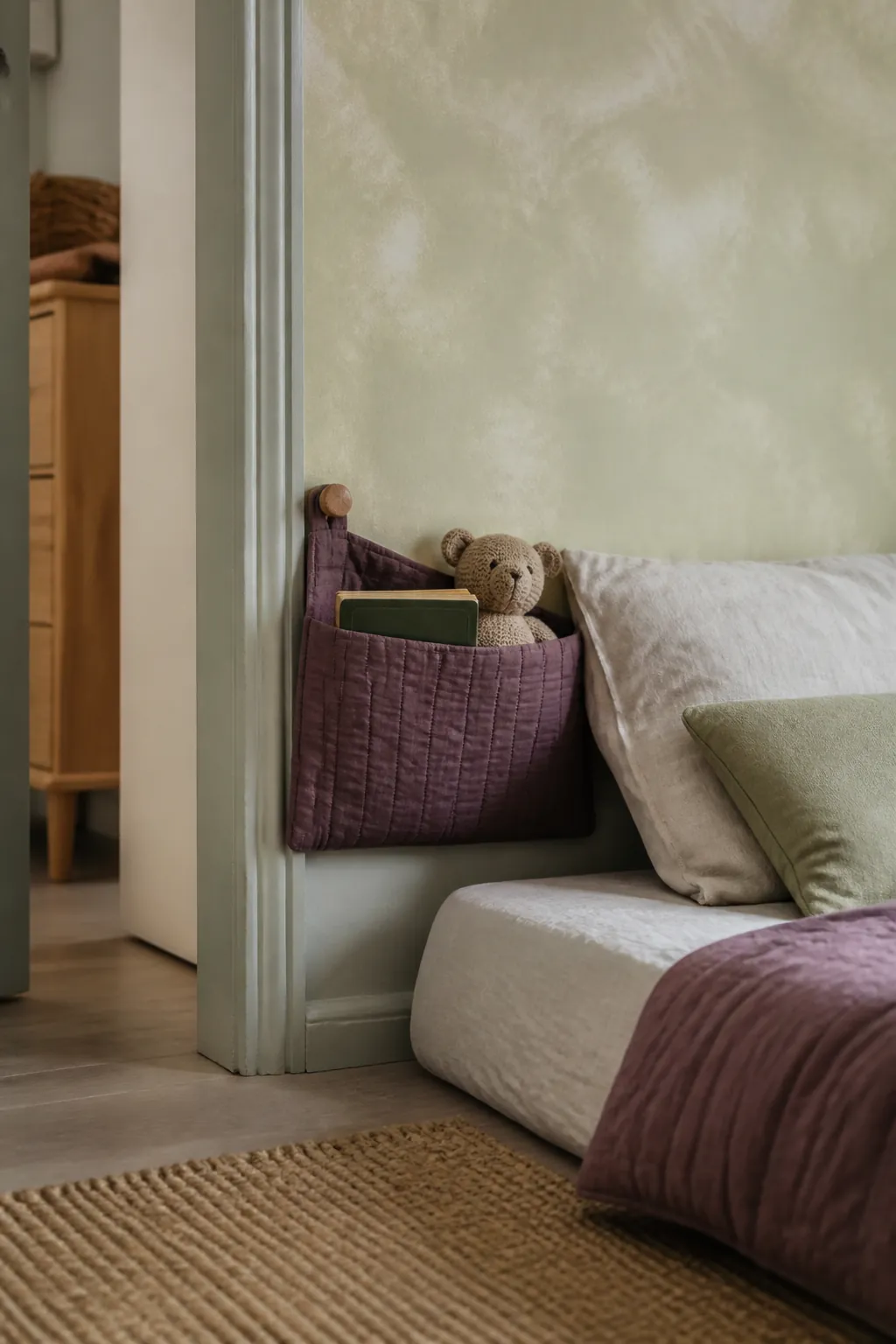 Soft bedside pocket in a small kids bedroom