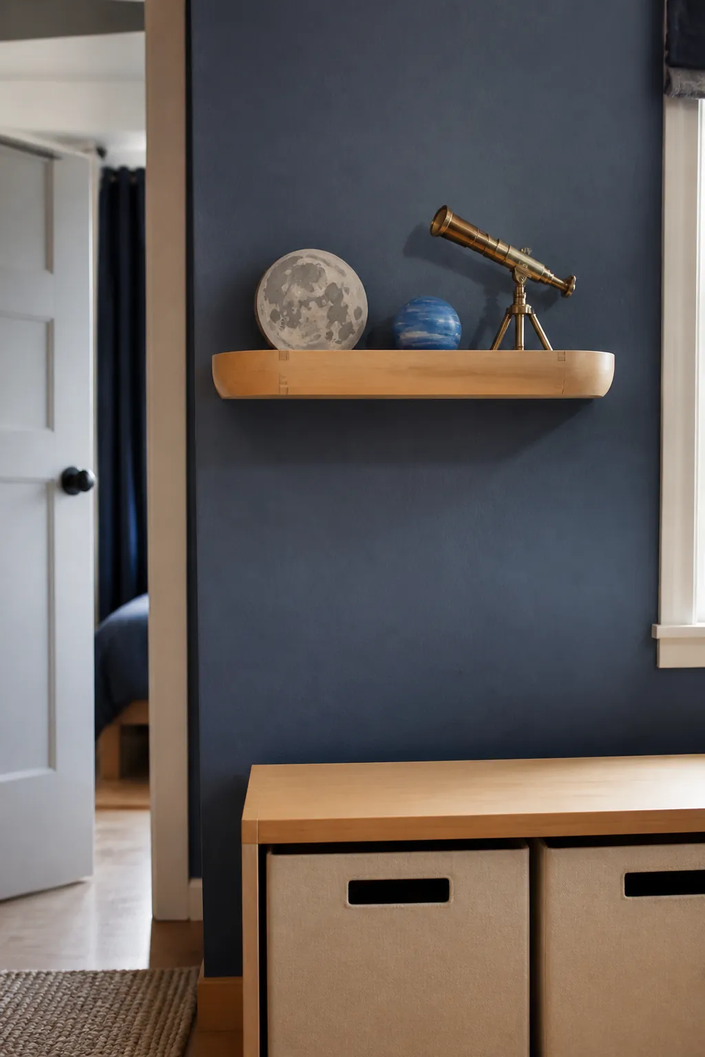 Small interest display shelf in a kids bedroom