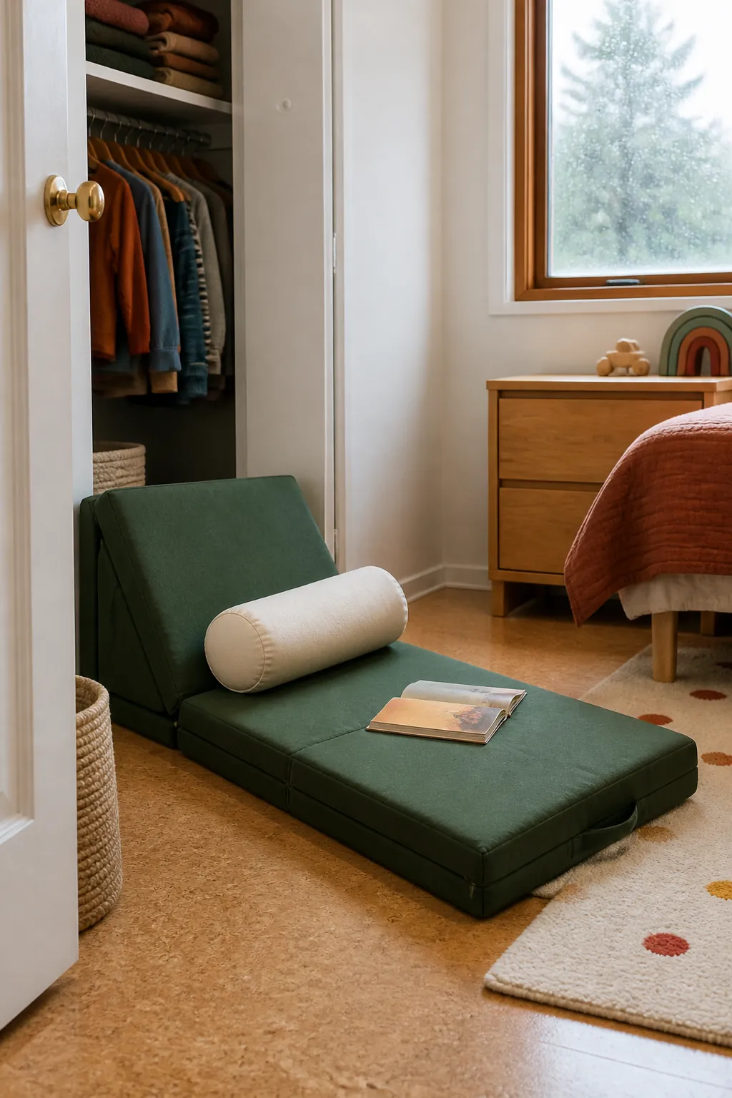 Folding floor cushion in a small kids bedroom